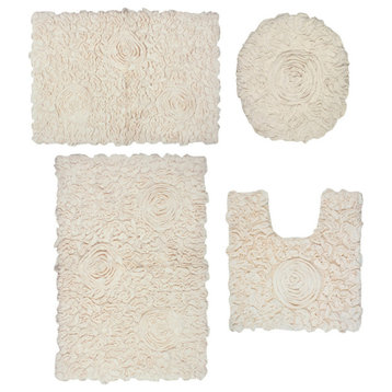 Bell Flower Collection Bath Rug, 4Pcs Set wth Toilet Lid Cover-Ivory