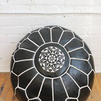Moroccan Leather Pouf, Unfilled, Black/White
