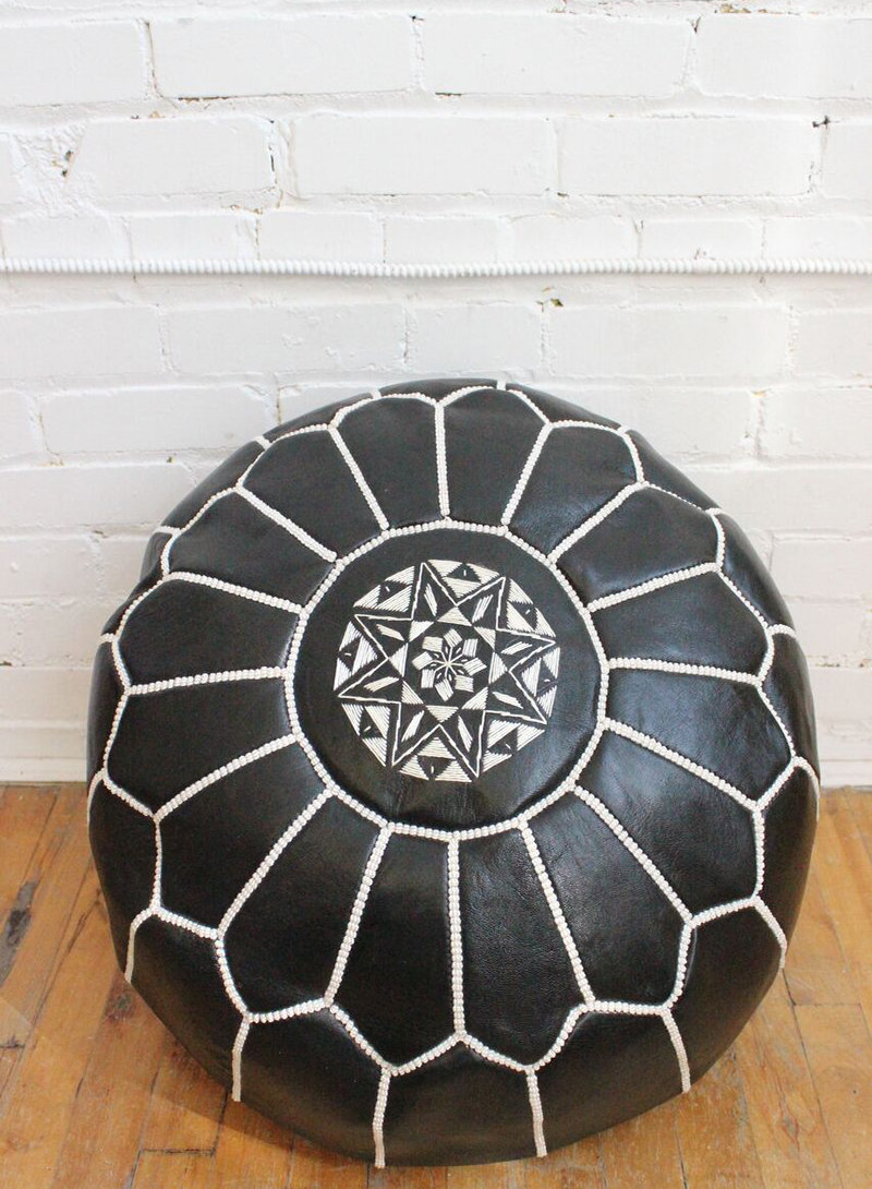 Moroccan Leather Pouf, Unfilled, Black/White