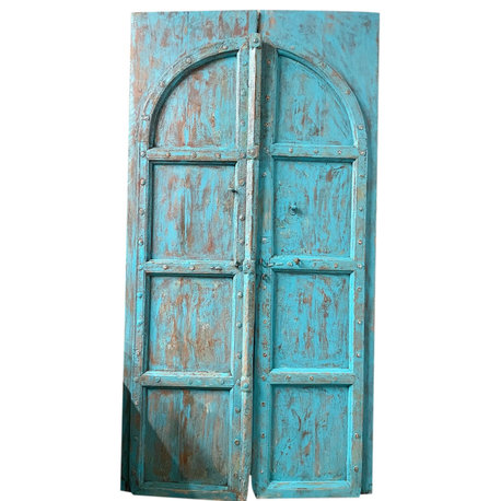Consigned Antique Indian Arched Door Blue Painted Teak Wood Door