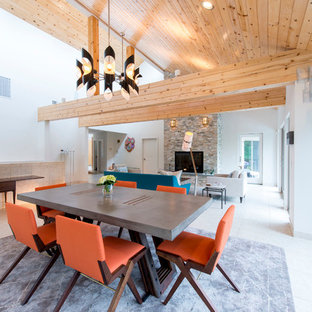 На фото: большие гостиные-столовые в стиле современная классика с серыми стенами, полом из керамической плитки, стандартным камином и фасадом камина из камня