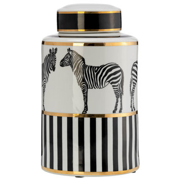 Ceramic 12"H Zebra Jar, Lid, White/Gold