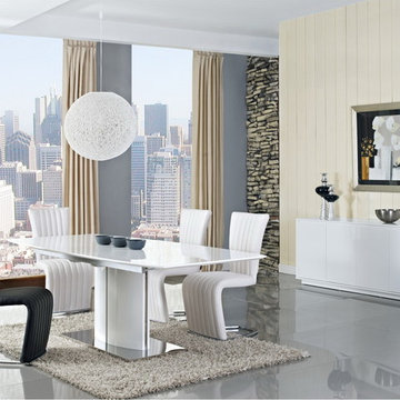 Blanch White High Gloss/Chrome Extendable 8 PC Dining Set (Table, 6 Chairs and B