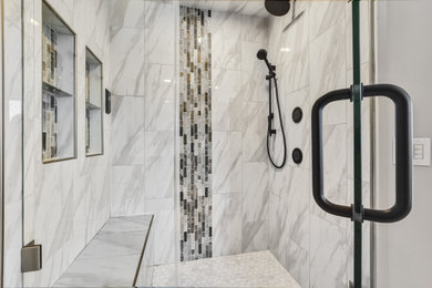 Large minimalist master porcelain tile porcelain tile and double-sink shower bench photo in Other with gray cabinets, gray walls, an undermount sink, quartzite countertops, a hinged shower door, white countertops and a built-in vanity