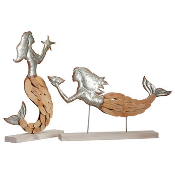 Pair of Wood & Metal Chipped Mermaids, Natural, Nautical Expedition