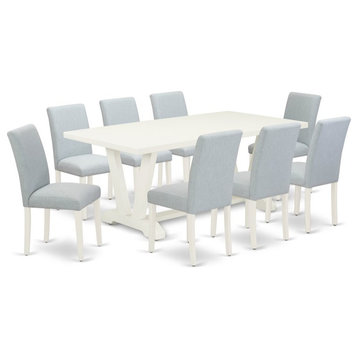 East West Furniture V-Style 9-piece Wood Dining Room Set in Linen White