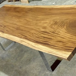 Chrome U leg, single slab live edge monkeypod dining table - Dining Tables