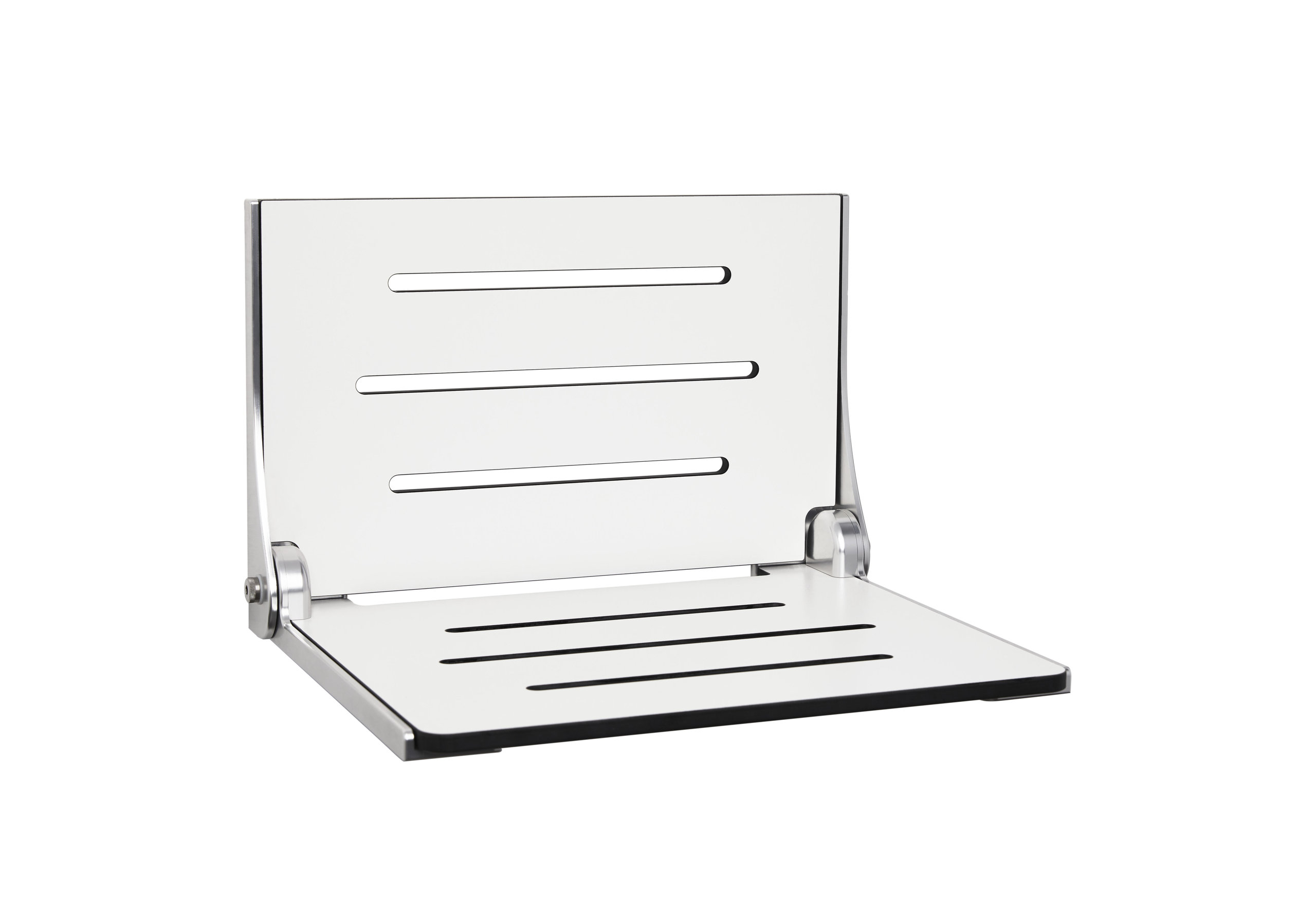 Silhouette Folding Wall Mount Shower Bench Seat, White Seat, Silver Frame