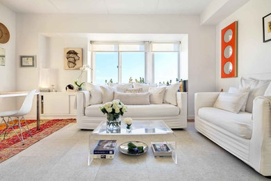 Small trendy formal and open concept carpeted and gray floor living room photo in New York with white walls, no fireplace and no tv