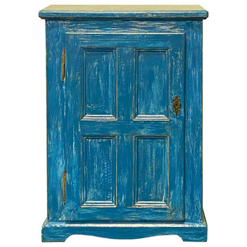 Distressed Blue Lacquer Slim Narrow Single Door Side Cabinet Chest Hcs7674
