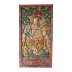 Mogul Interior - Vintage Hand Carved Ganesha Barn Door God of Prosperity Wall decor Panel - Wall Accents