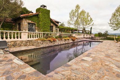 This is an example of a large mediterranean backyard rectangular lap pool in San Francisco with natural stone pavers.