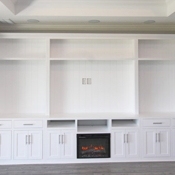 Custom Built-In Shaker Entertainment Center with Fireplace, Shiplap Backing