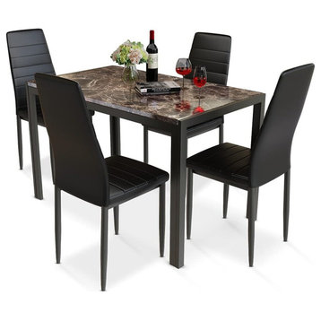 5 Pieces Dining Set, Rectangular Marble Top With Faux Leather Seat Chairs