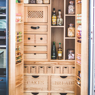 Mid-sized traditional kitchen pantry designs - Kitchen pantry - mid-sized traditional kitchen pantry idea in Devon with shaker cabinets, blue cabinets and gray countertops
