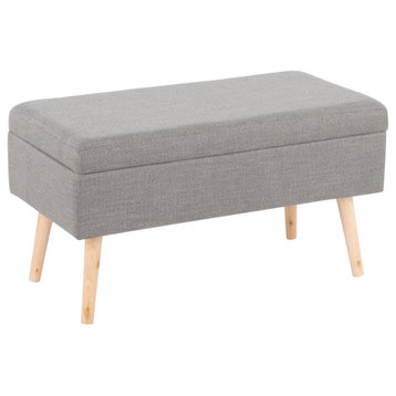 Contemporary Storage Bench, Natural Wood, Gray Fabric