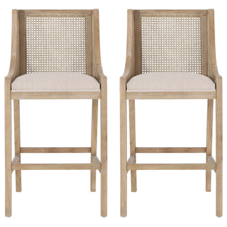 Oneida Rustic Fabric Upholstered Wood and Cane 30 inch Barstools (Set of 2), Beige