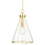 Hudson Valley Lighting - Eldridge 1-Light Pendant Conical Aged Brass - Eldridge is a minimalist cage pendant with maximum style. Light pours through the glass shade and allows the lamp socket within to shine. Available in a conical and a dome shape with Aged Brass, Old Bronze or Polished Nickel finishes, these pendants suspend from gorgeously detailed hook and loop chains.