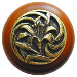 Notting Hill Decorative Hardware - Tiger Lily Wood Knob, Antique Brass, Cherry Wood Finish, Antique Brass - Projection: 1-1/8"