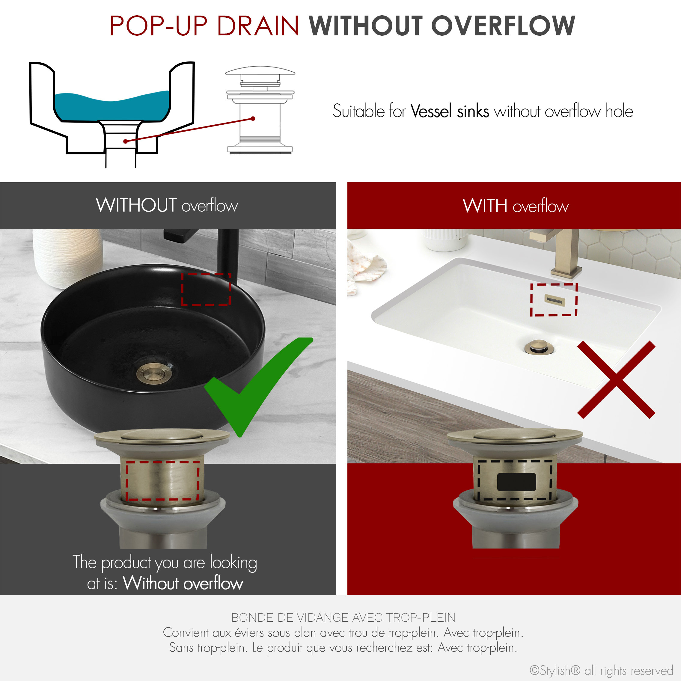 STYLISH Brushed Gold Standard Pop-Up Vessel Sink Drain with Overflow Set of 2