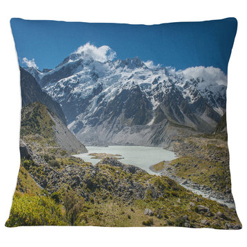 Green and White Mountains New Zealand Landscape Printed Throw Pillow, 16"x16"