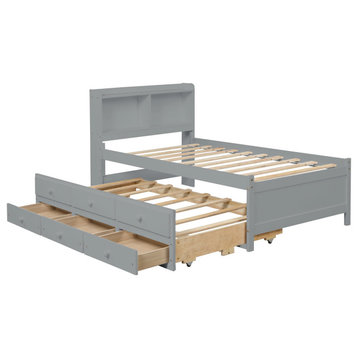 Full/Twin Wood Frame Platform Bed with Trundle and Drawers, Grey, Twin