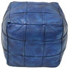 Solid Handmade Leather Pouf (Recycled Foam with Fibre Fill), Vintage Blue, Square, 14x14x14