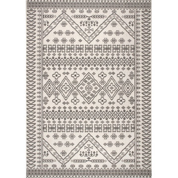 Transitional Diamond Tribal Outdoor Area Rug, Blue, Ivory, 8'6"x13'