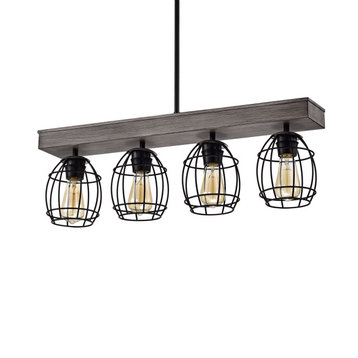 4-Light Wood and Black Cage Linear Pendant