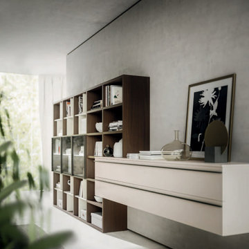 Modern living room with wood and beige entertainment center