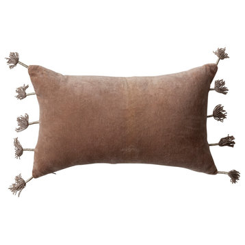 Cotton Velvet Lumbar Pillow With Metallic Tassels and Linen Back