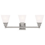 Livex Lighting - Mission Bath Light, Polished Nickel - The Mission collection has clean lines with geometric forms. This three light bath fixture with etched opal glass is finished in polished nickel. Square bar style arms elevate the glass.
