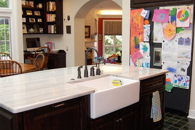 Inspiration for a traditional kitchen in Richmond with a farmhouse sink and quartzite benchtops.