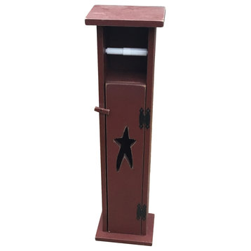 Primitive Pine Toilet Paper Holder Storage Stand With Rustic Star Cut Out, Burgundy