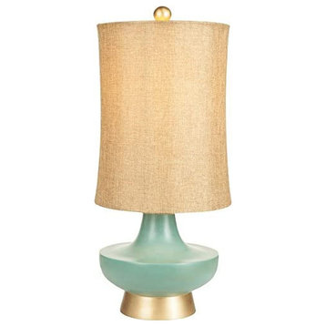 Modern Table Lamp, Unique Shaped Body With Linen Fabric Shade, Aged Turquoise
