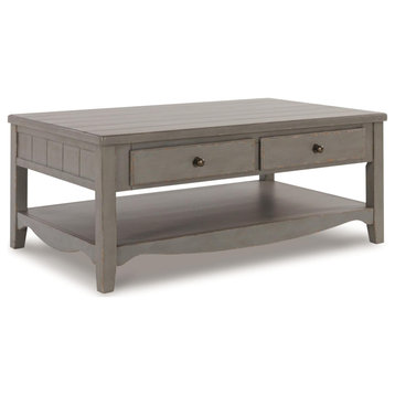 Classic Coffee Table, Rectangular Plank Top & 2 Drawers, Distressed French Gray