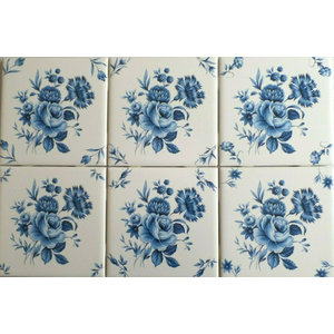 Delft Theme Flower Circle Blue Flower Corners Ceramic Tile 4.25" KilnFired Decor 
