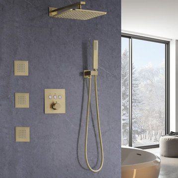 Luxury Thermostatic Complete Shower System With Rough-in Valve, Brushed Gold