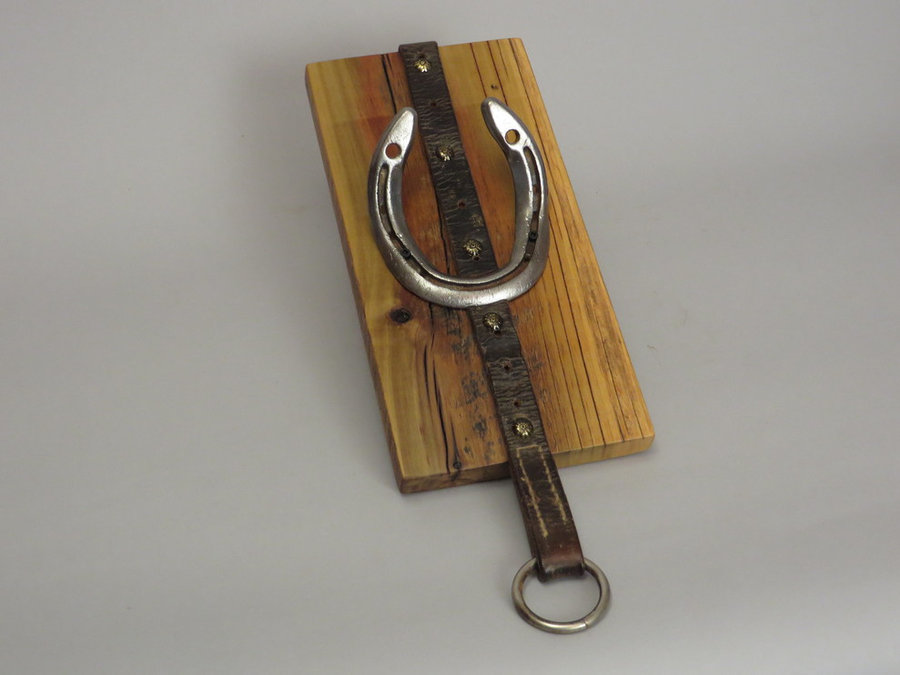 #R15043 Coat Rack Reclaimed Poplar, horseshoes, leather.