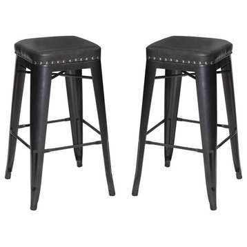 Bowery Hill Transitional Metal and Faux Leather Bar Stool - Set of 2 in Gray