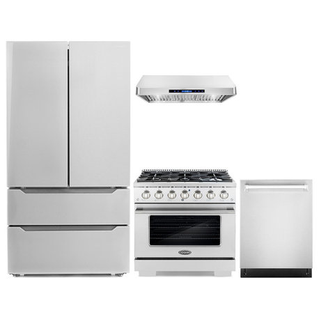 4-Piece, 36" Gas Range, 36" Range Hood, 24" Dishwasher and Refrigerator