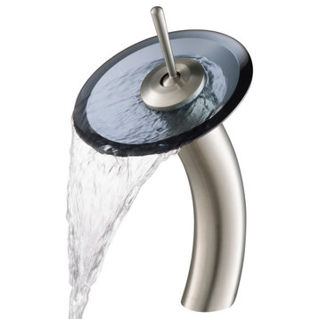 Glass Waterfall Vessel Bathroom Faucet Nickel, Clear Black Glass Disk