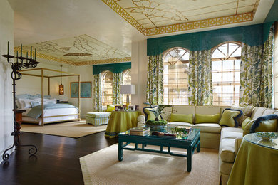 Example of a large transitional master dark wood floor bedroom design in Miami with white walls