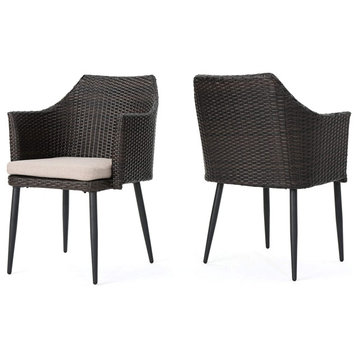 2 Pack Outdoor Dining Chair, Textured Beige Cushioned Seat & Curved Wicker Back