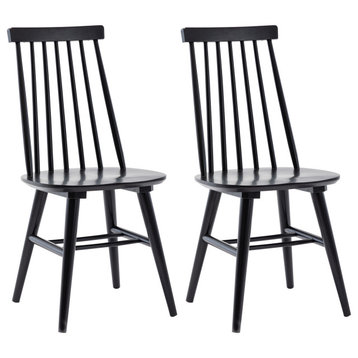 Set of 2 Spindle Back Wood Dining Room Windsor Chairs, Black