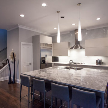 Contemporary Painted Grey Kitchen with High Gloss Island