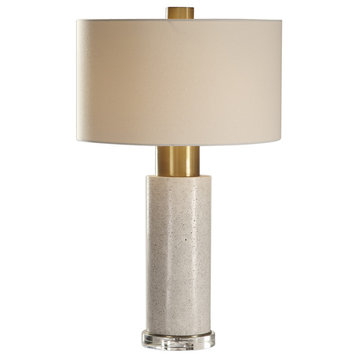 Mid Century Gold Metal Concrete Cylinder Table Lamp, Round Vintage Style White