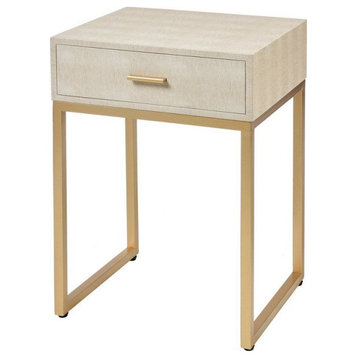 1 Drawer Faux Shagreen Indoor Accent Table in Cream and Soft Gold Finish Metal