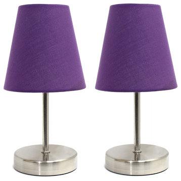 Simple Designs Sand Nickel Mini Basic Table Lamps, Fabric Purple 2-Pack Set