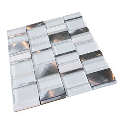 Glossy and Matte White With Aluminum Random Brick Rectangle Pattern Glass Mosaic - Home Decor